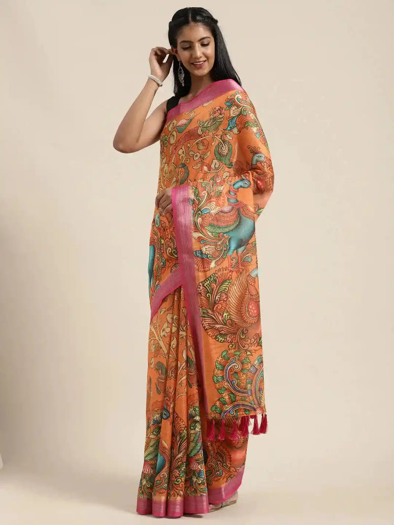 Orange Colour Kalamkari Print Saree With Zari Border