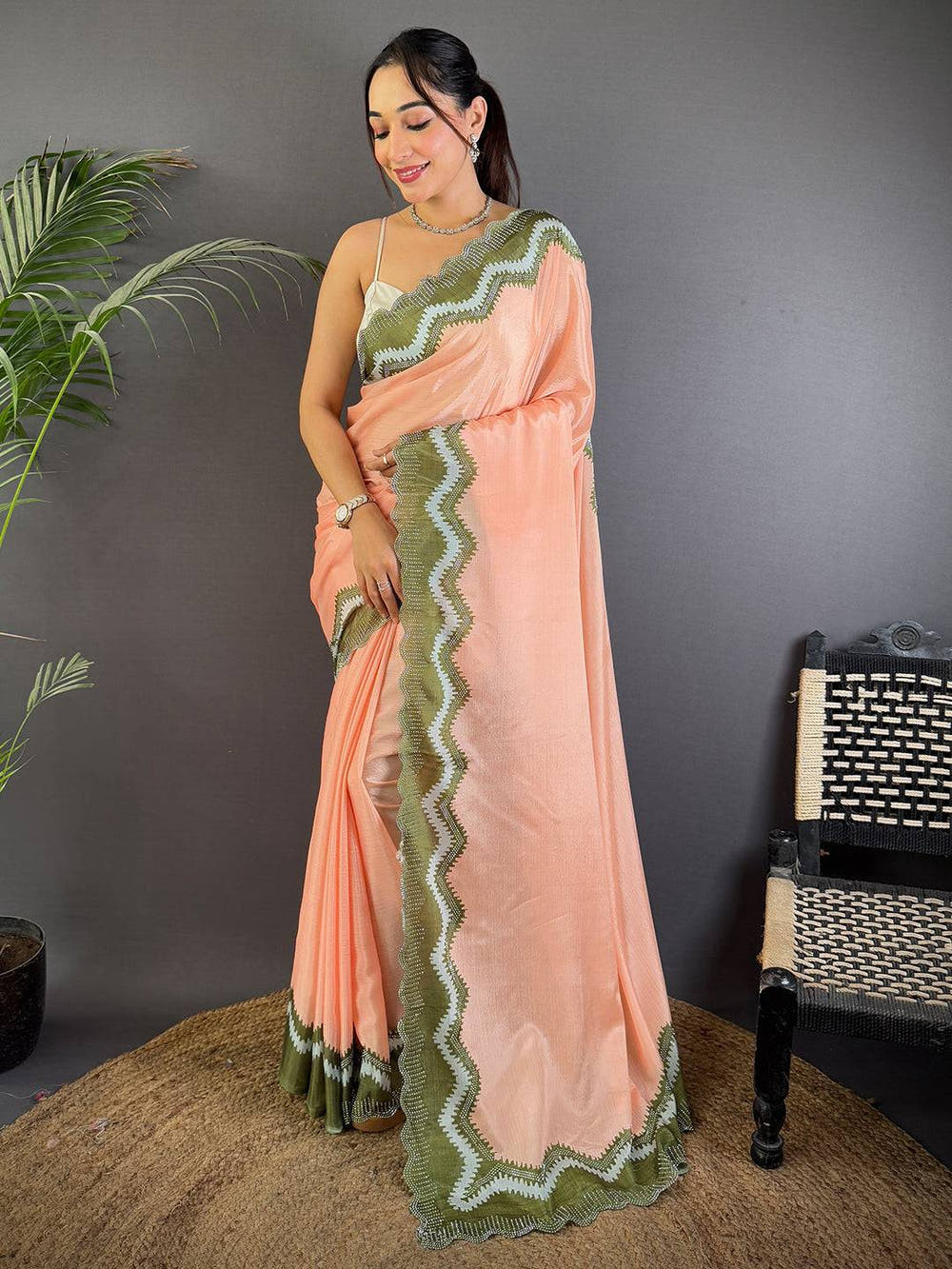 Peach Soft Chinnon Stone Work Saree