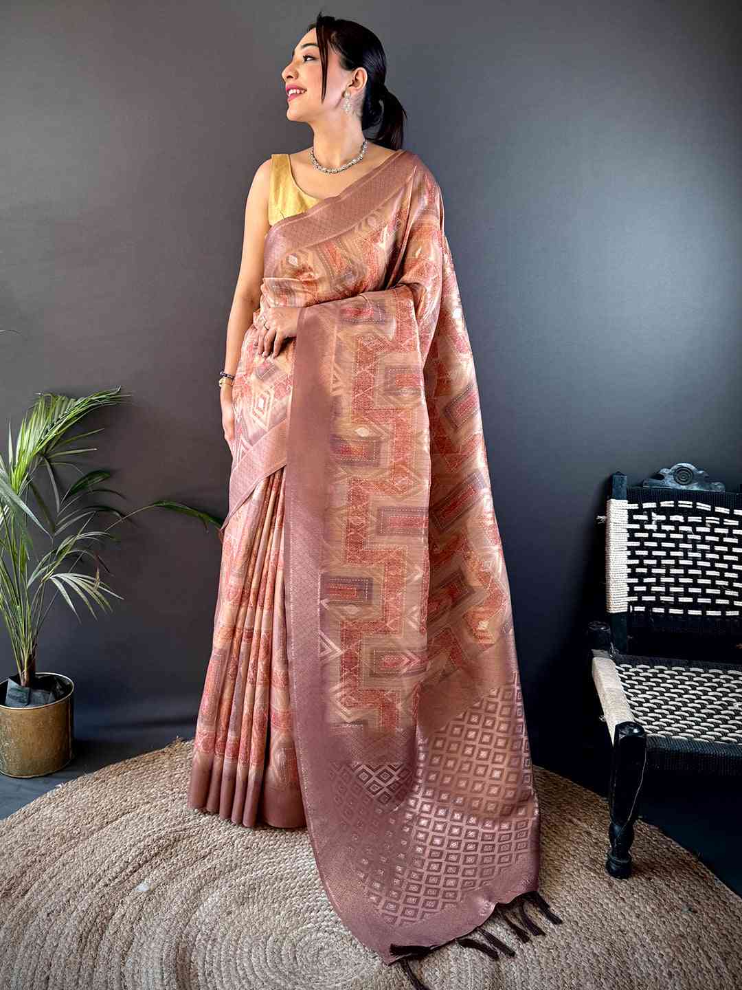 Brown Banarasi Silk Katan Geometric Saree