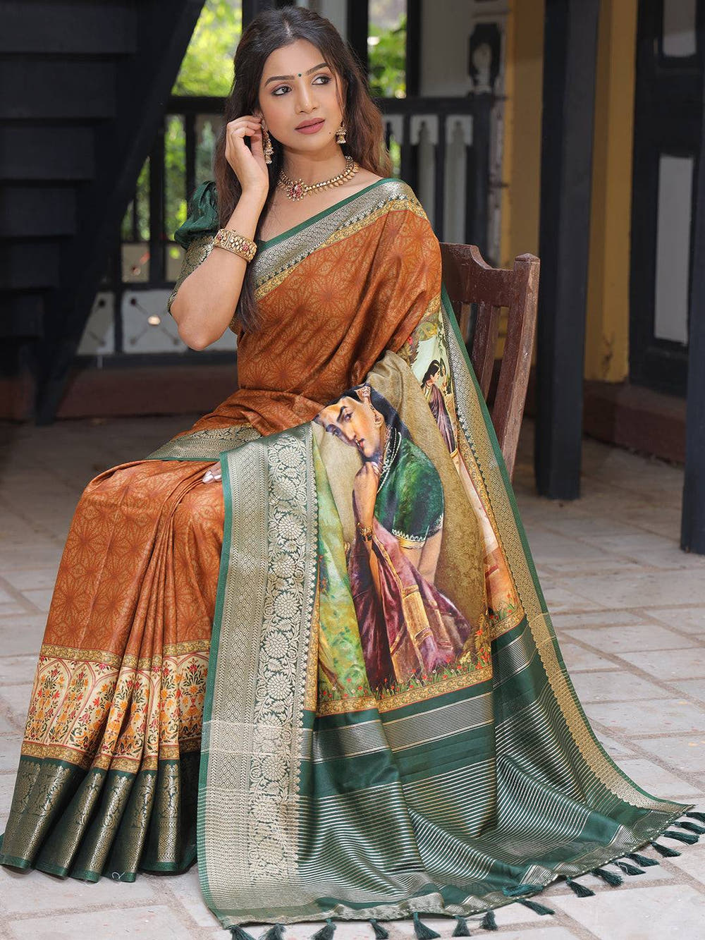 Brown Pure Viscose Dola Silk Saree With Kalamkari And Mughal Print - Luxe