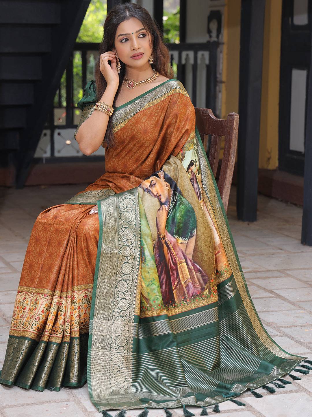 Brown Pure Viscose Dola Silk Saree With Kalamkari And Mughal Print - Luxe