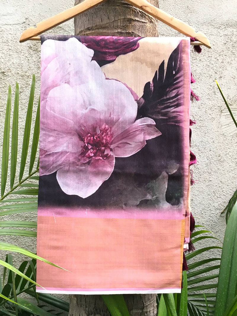 Beige Linen Floral Digital Print Saree