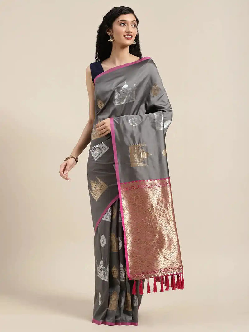 Trendy Grey Colour  Silk Blend Woven Design Banarasi Saree
