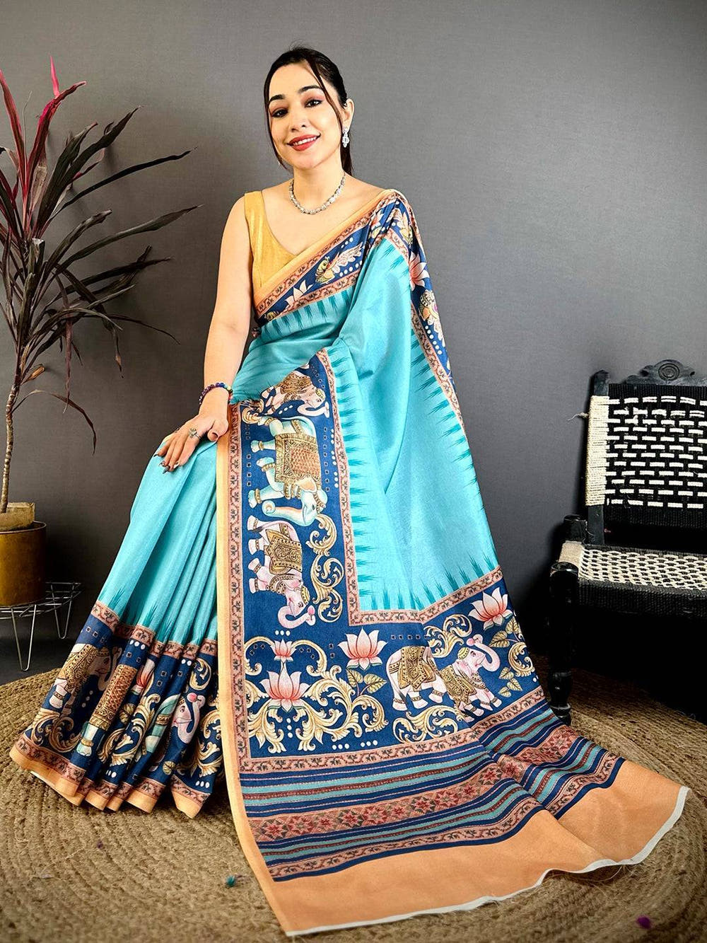 Aqua Tanjore Elephant Tussar Saree