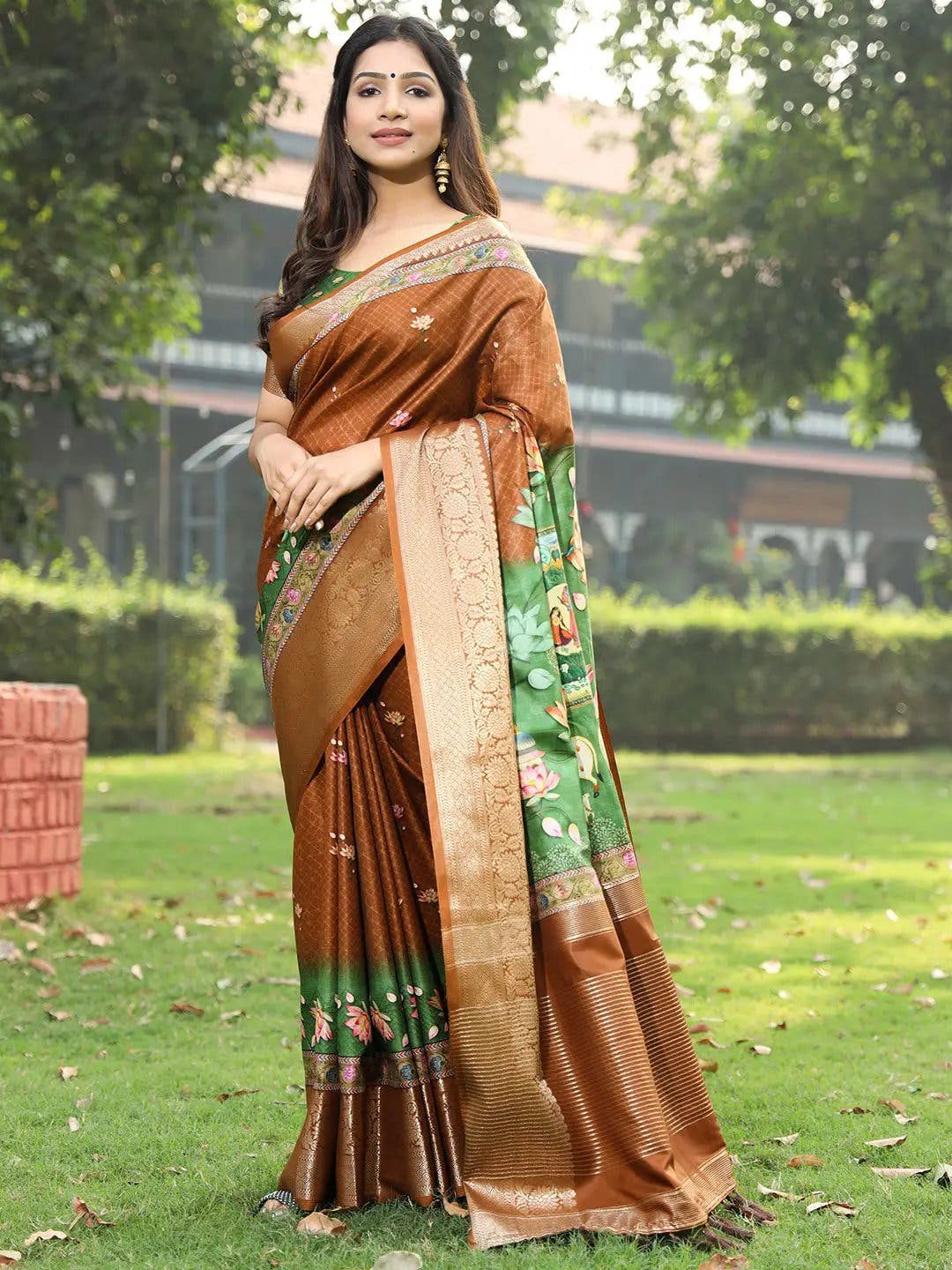 Brown Colour Pure Viscose Dola Silk Saree with Pichwai Kalamkari Print - Luxe