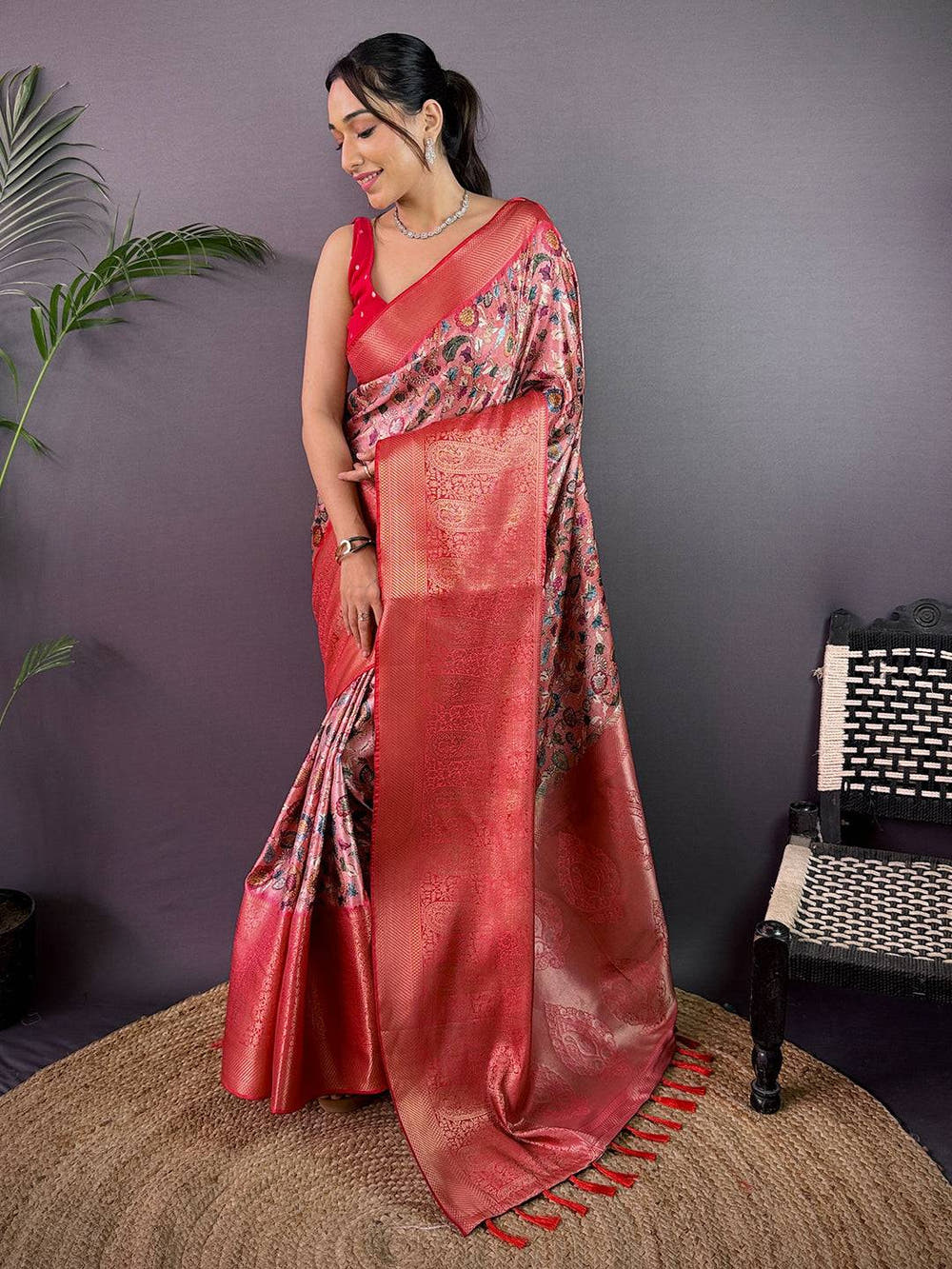 Coral Red Cherry Satin Kalamkari Saree