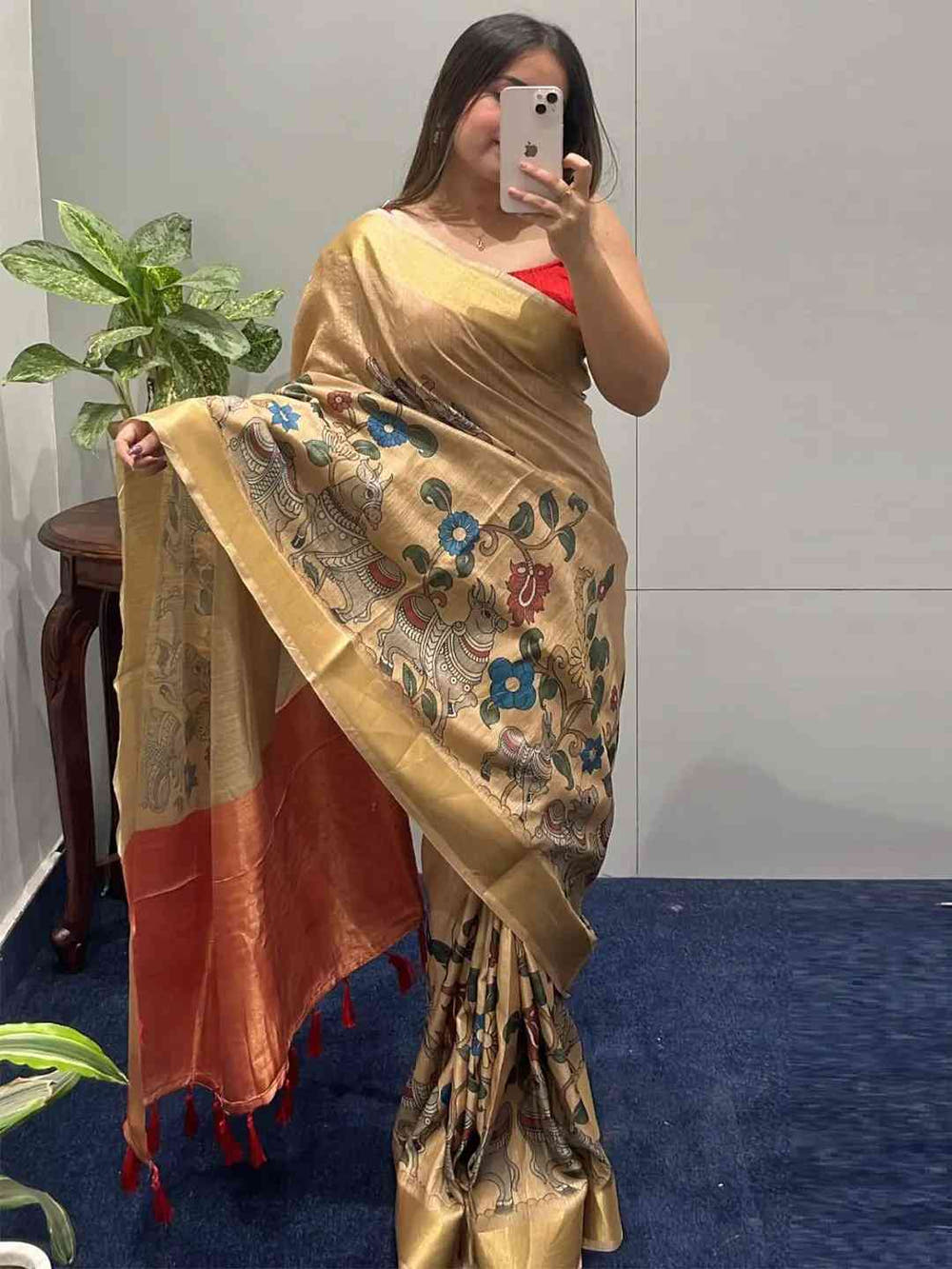 Incredible Pen Kalamkari Linen Tissue Soft Saree
