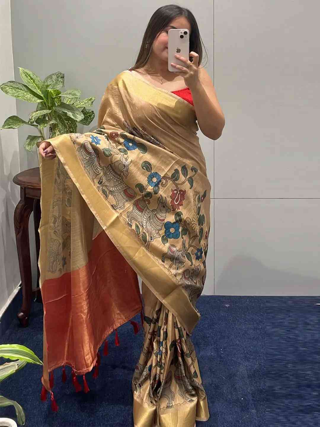 Incredible Pen Kalamkari Linen Tissue Soft Saree