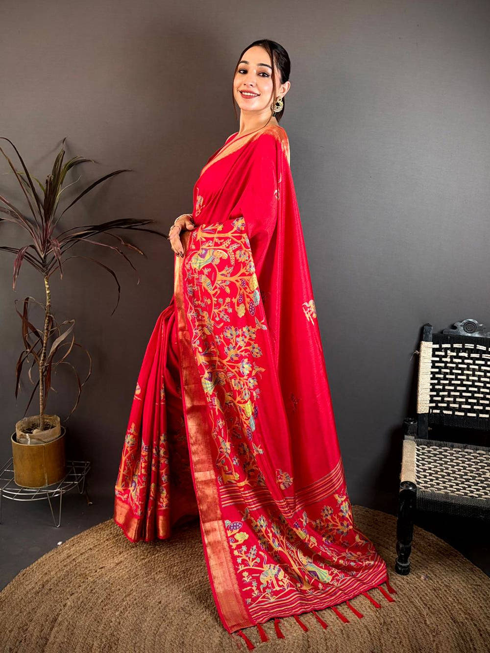 Dark Pink Shade Printed Dola Silk Saree