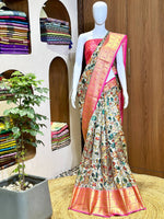 Kalamkari Silk Saree With Pink-Gold Border
