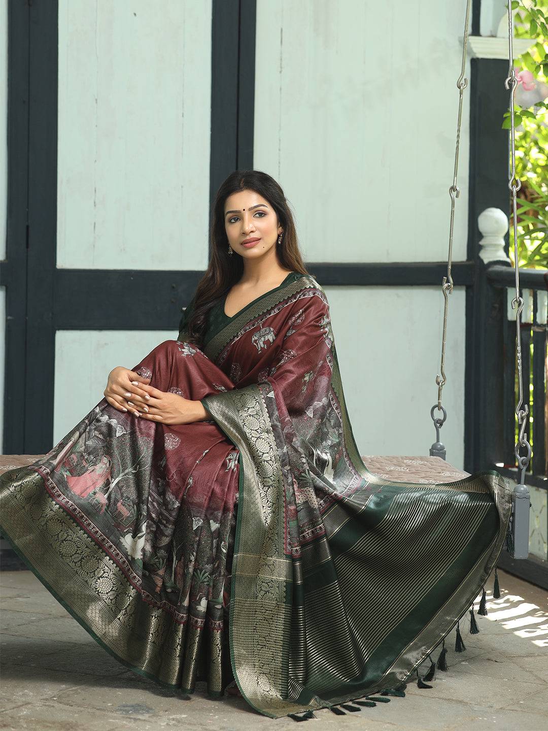 Maroon Hand Kalamkari Printed Pure Viscose Dola Silk Saree - Luxe