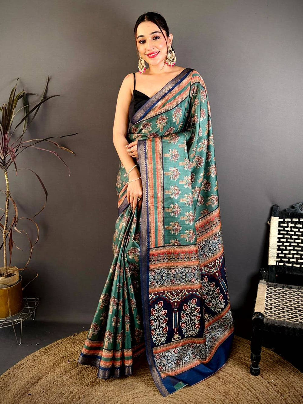 Regal Block Ajrakh Print Soft Tussar Saree