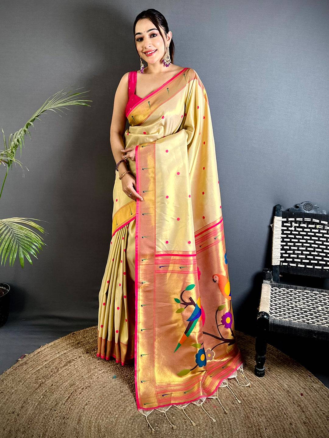 Cream Glass Tissue Yevla Paithani Saree