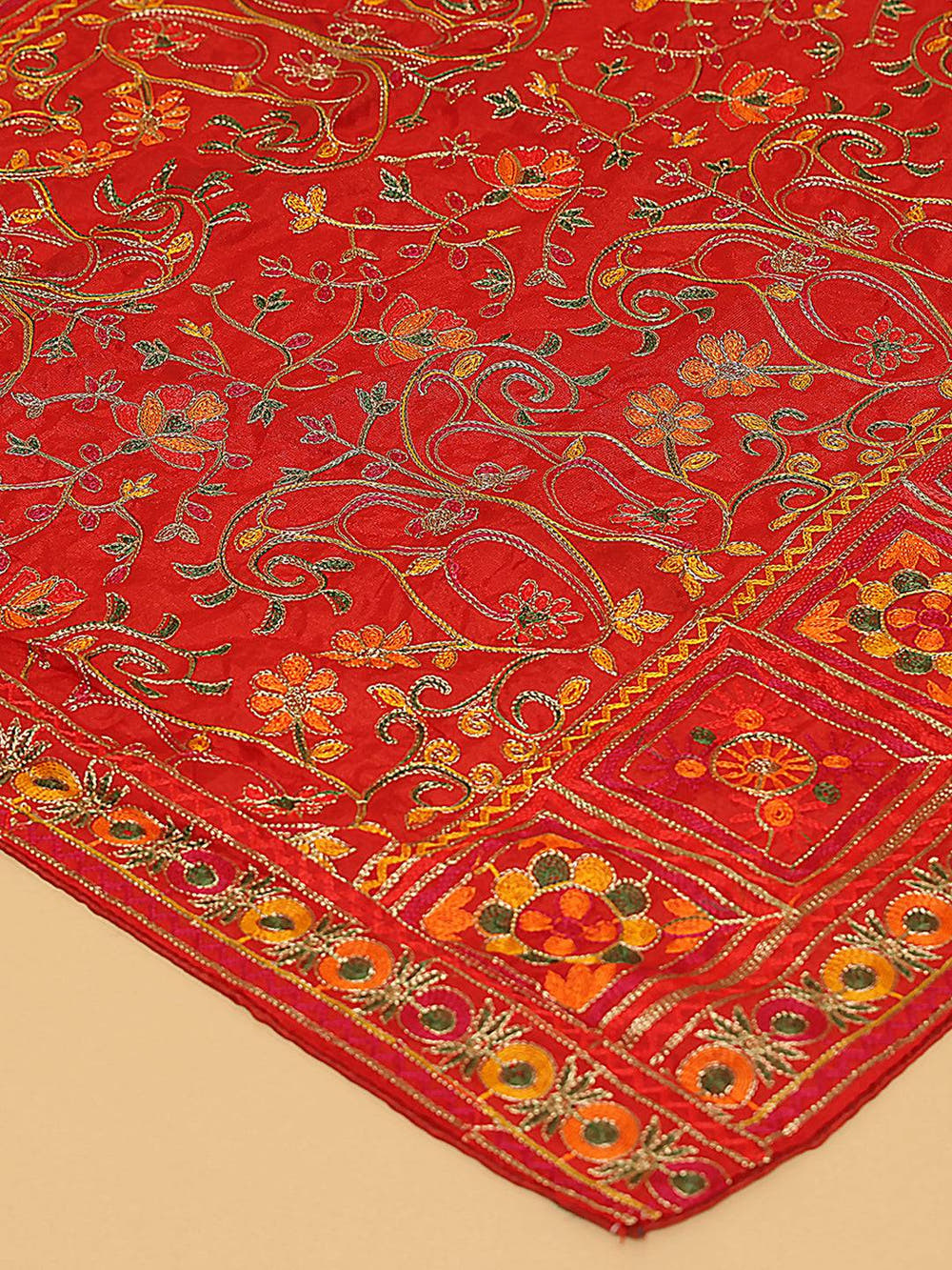 Red Multicolour Floral Jaal Pashmina Dupatta