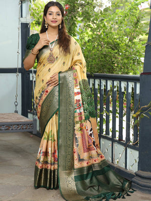 Viscose Dola Silk Yellow Colour Saree with Floral and Mughal Print - Luxe