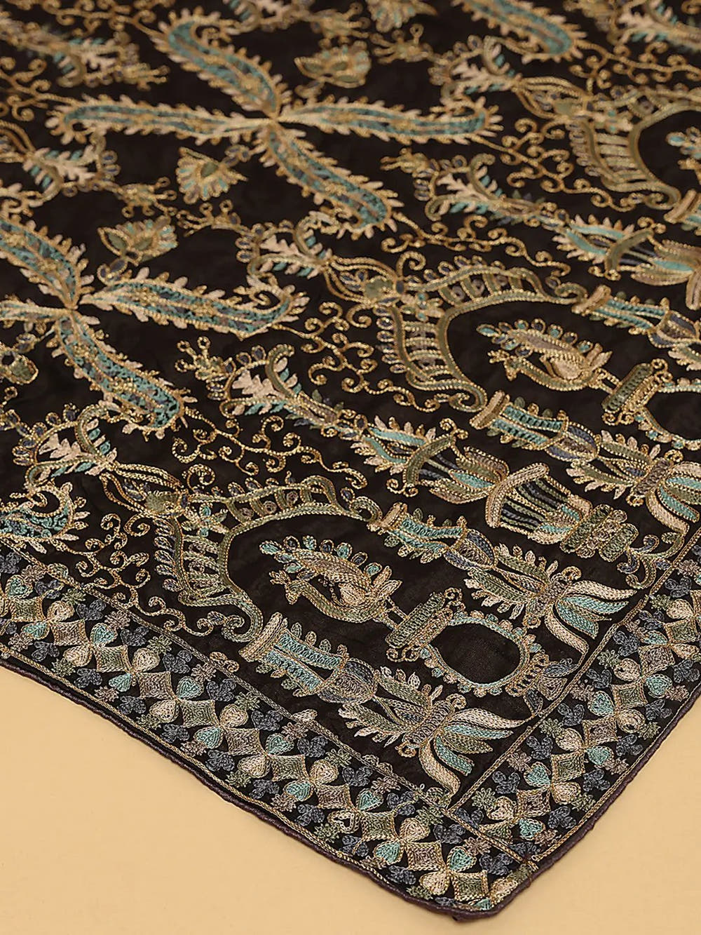 Black Silver Ornate Paisley Pashmina Dupatta