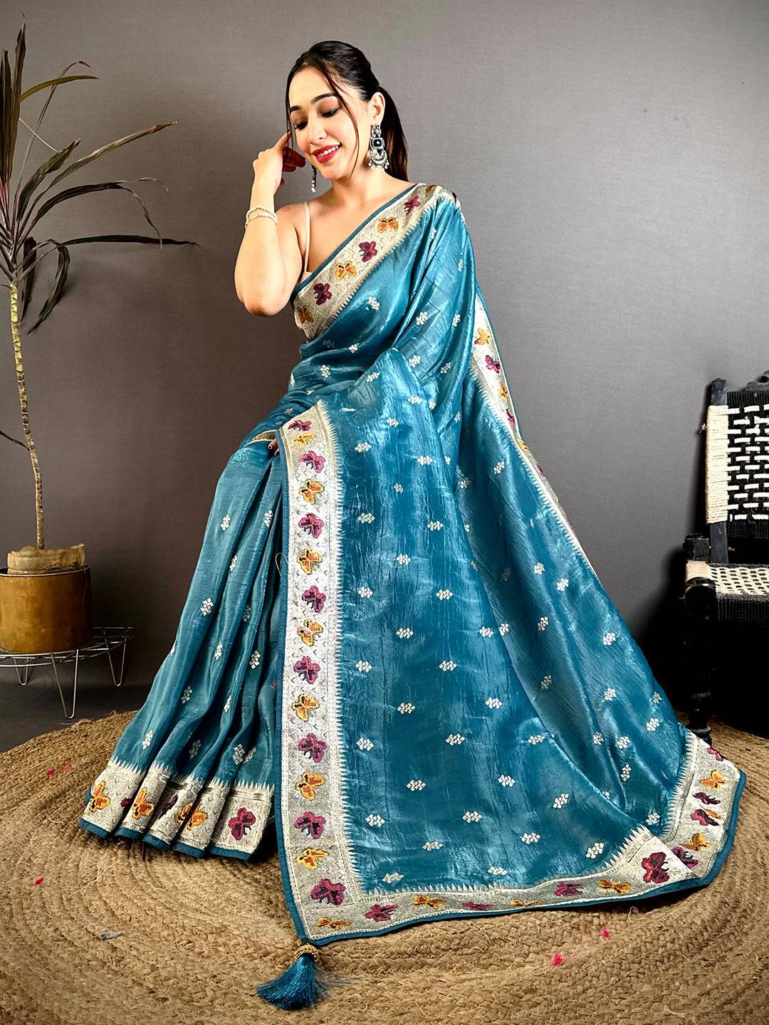 Rama Crush Silk Zari Embroidered Saree