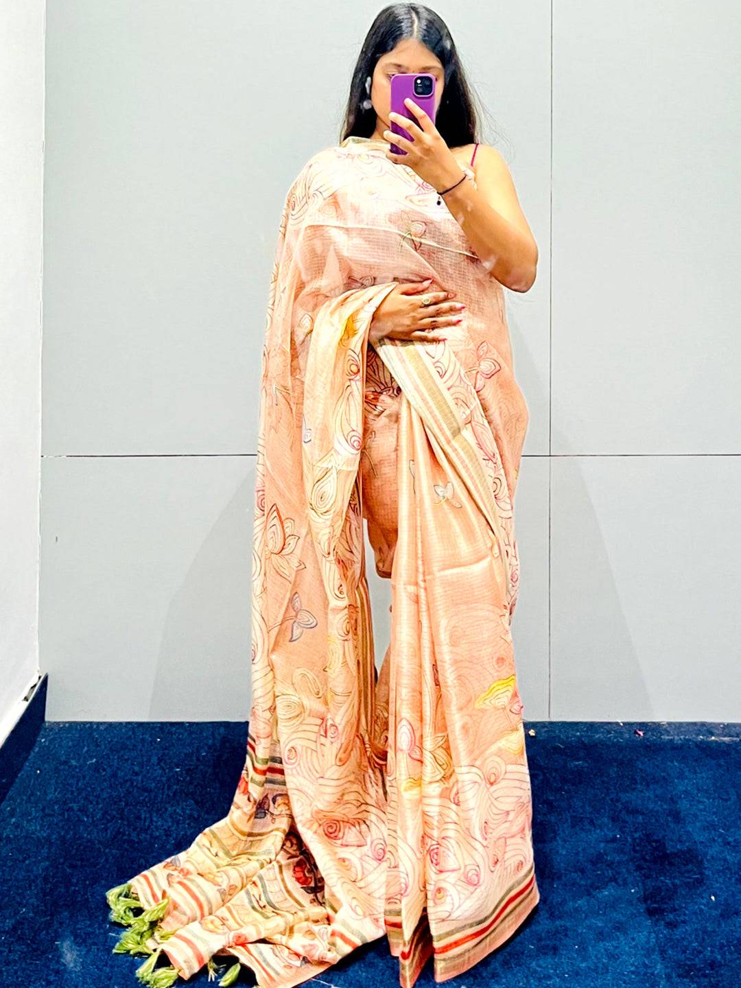 Peach Kota Doriya Silk Saree With Floral Kalamkari Print