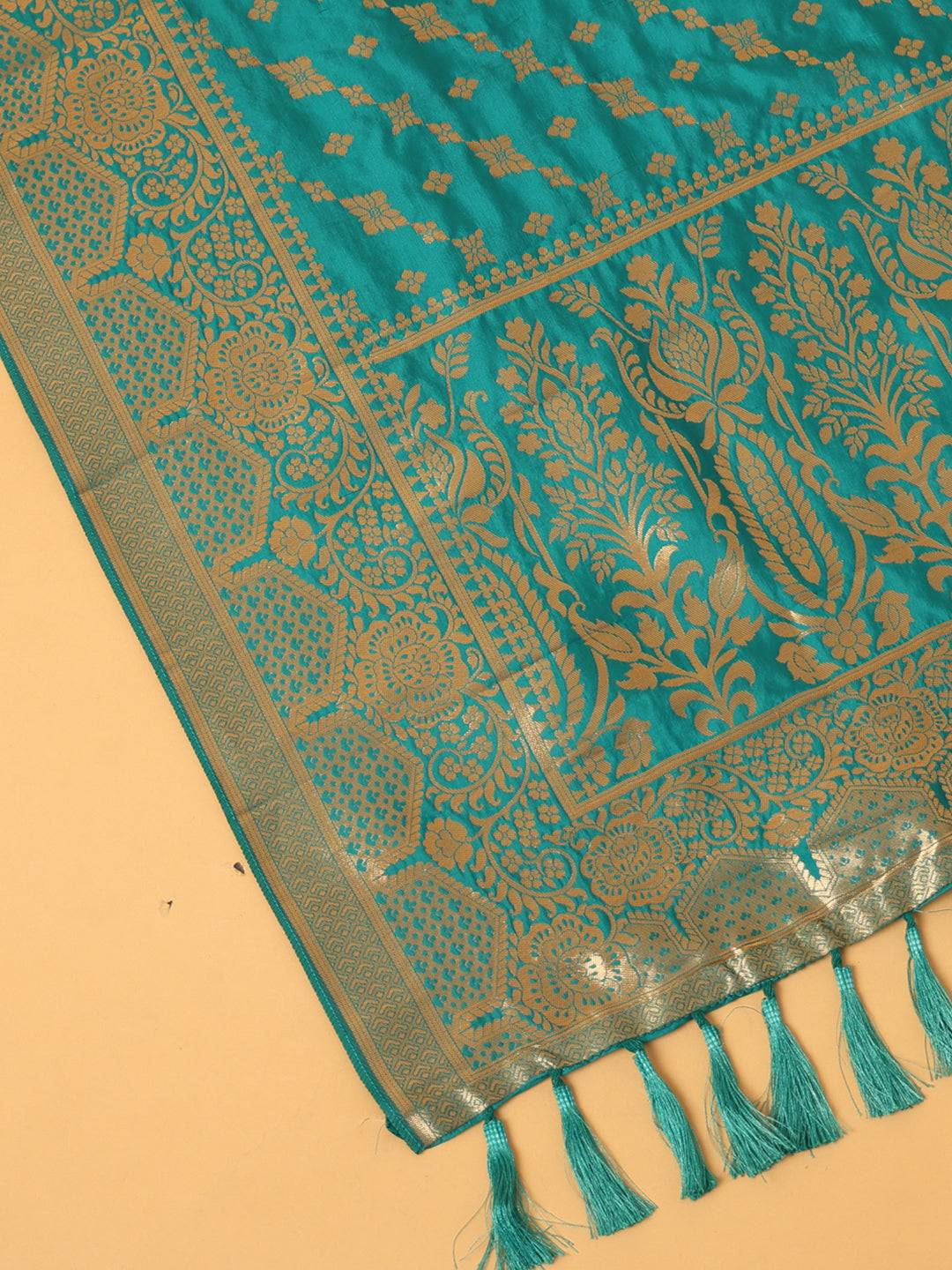 Latest Turquoise Colour Woven Design Silk Blend Dupatta