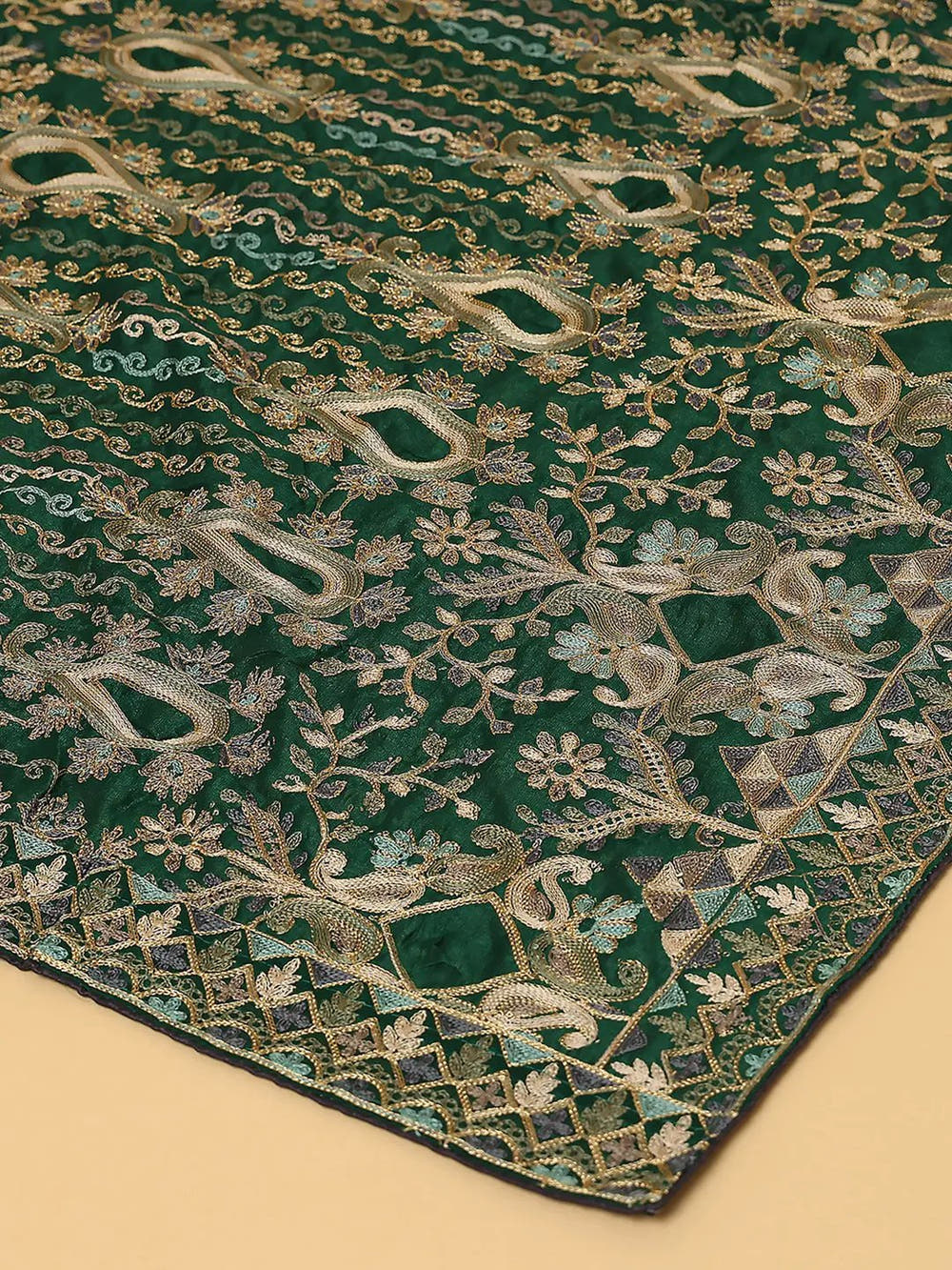Dark Green Multicolour Floral Pashmina Dupatta