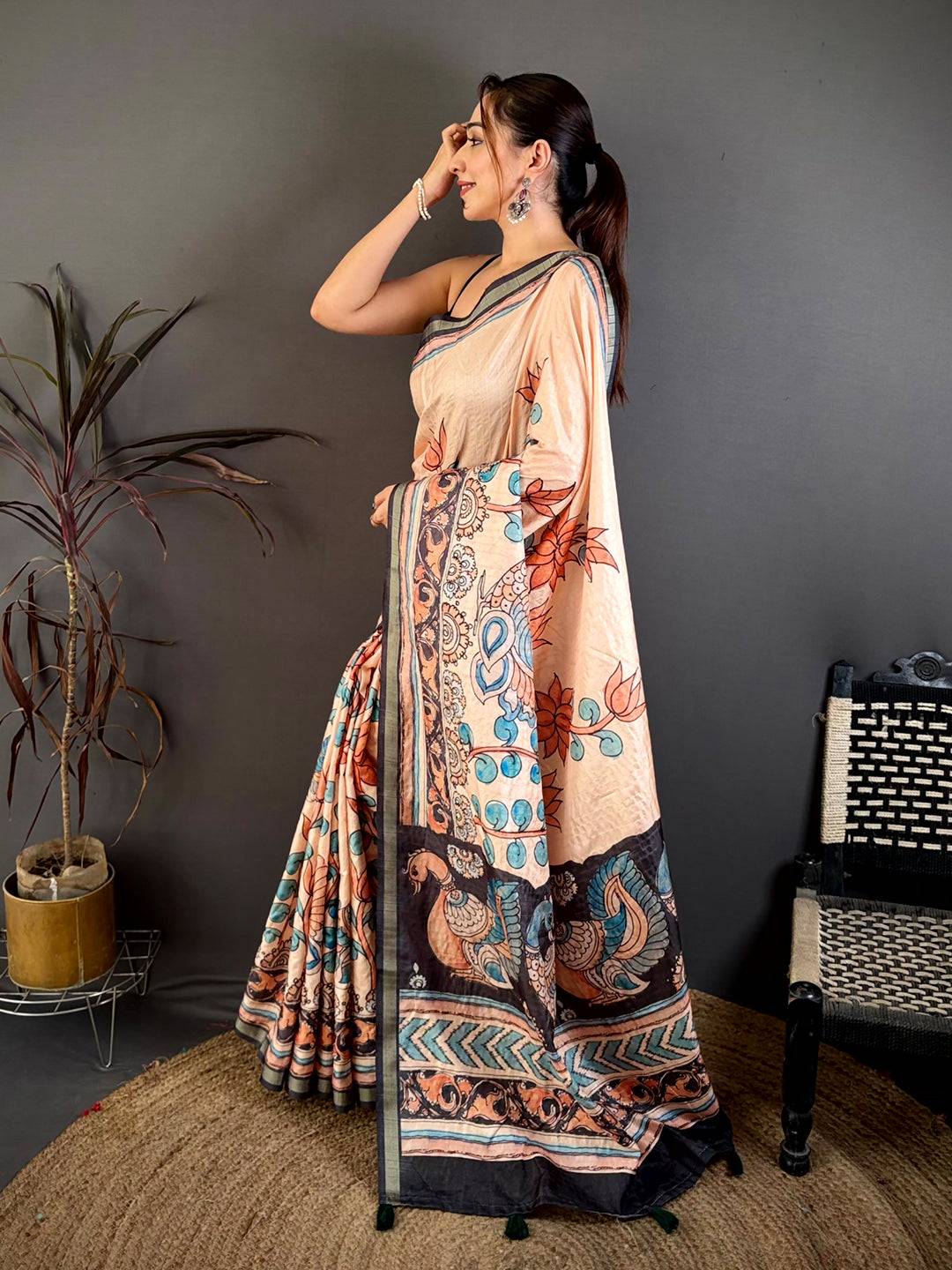 Radiant Kalamkari Lotus Tussar Saree