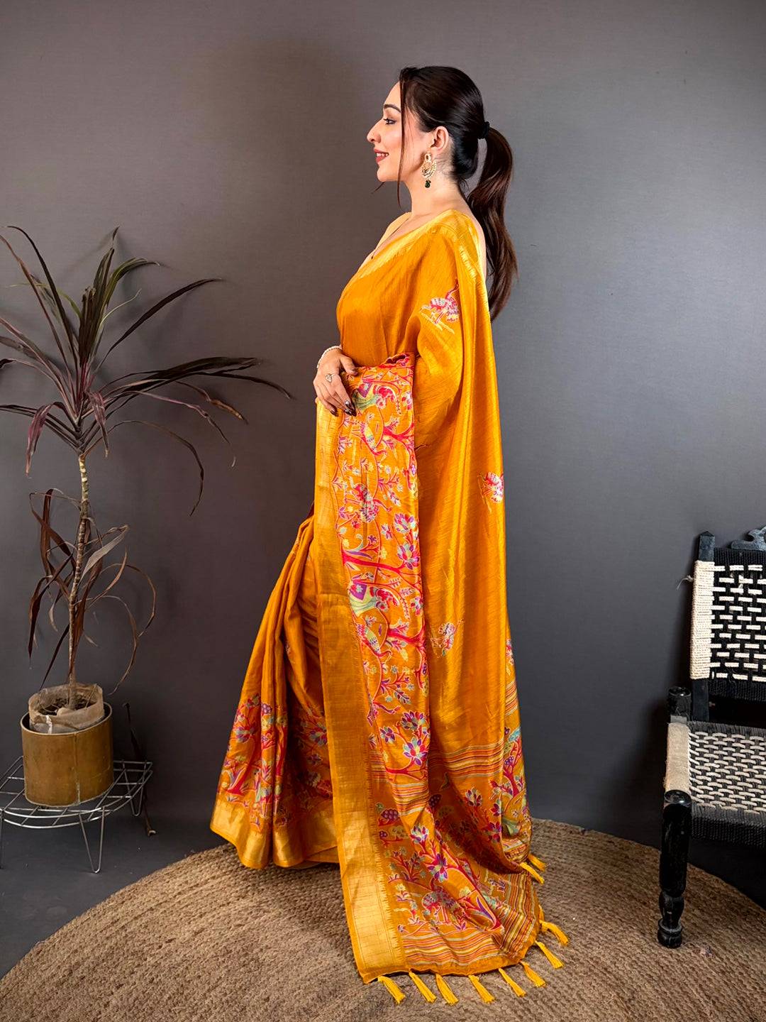 Dark Mustard Shade Printed Dola Silk Saree