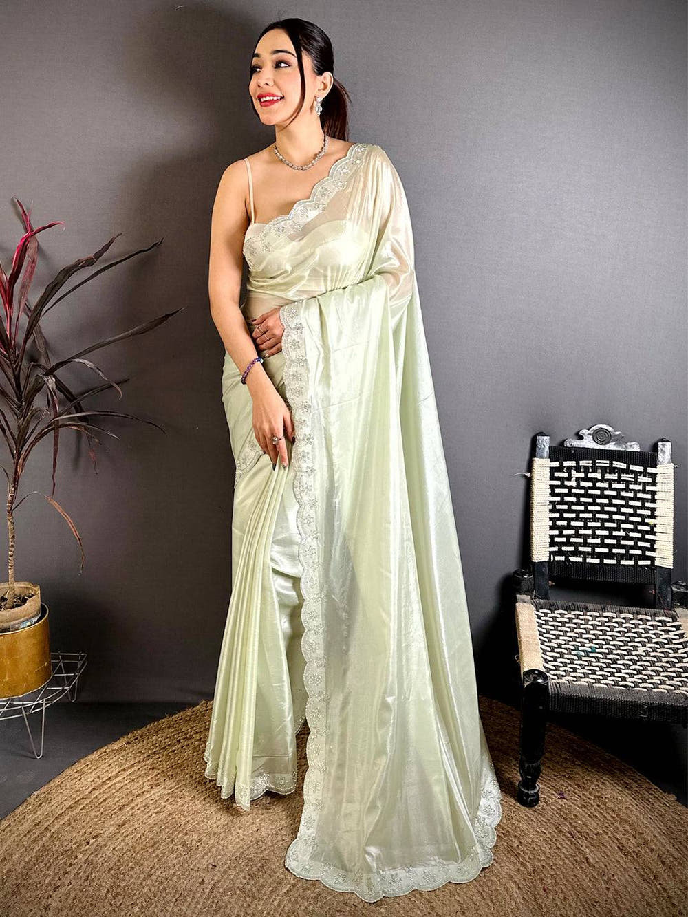 Stylish Silver Glass Stone Work Silk Saree