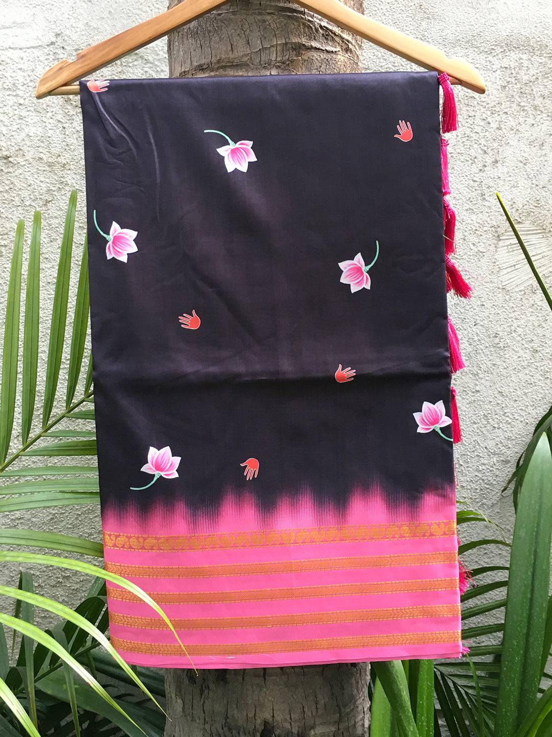 Lotus Print Black Silk Saree