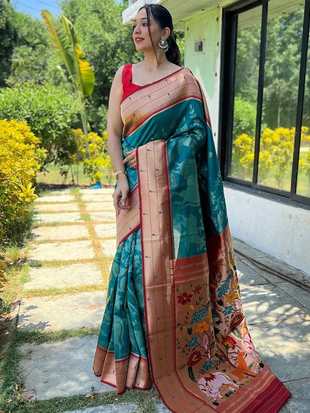Teal Colour Paithani Silk Pichwai Woven Saree