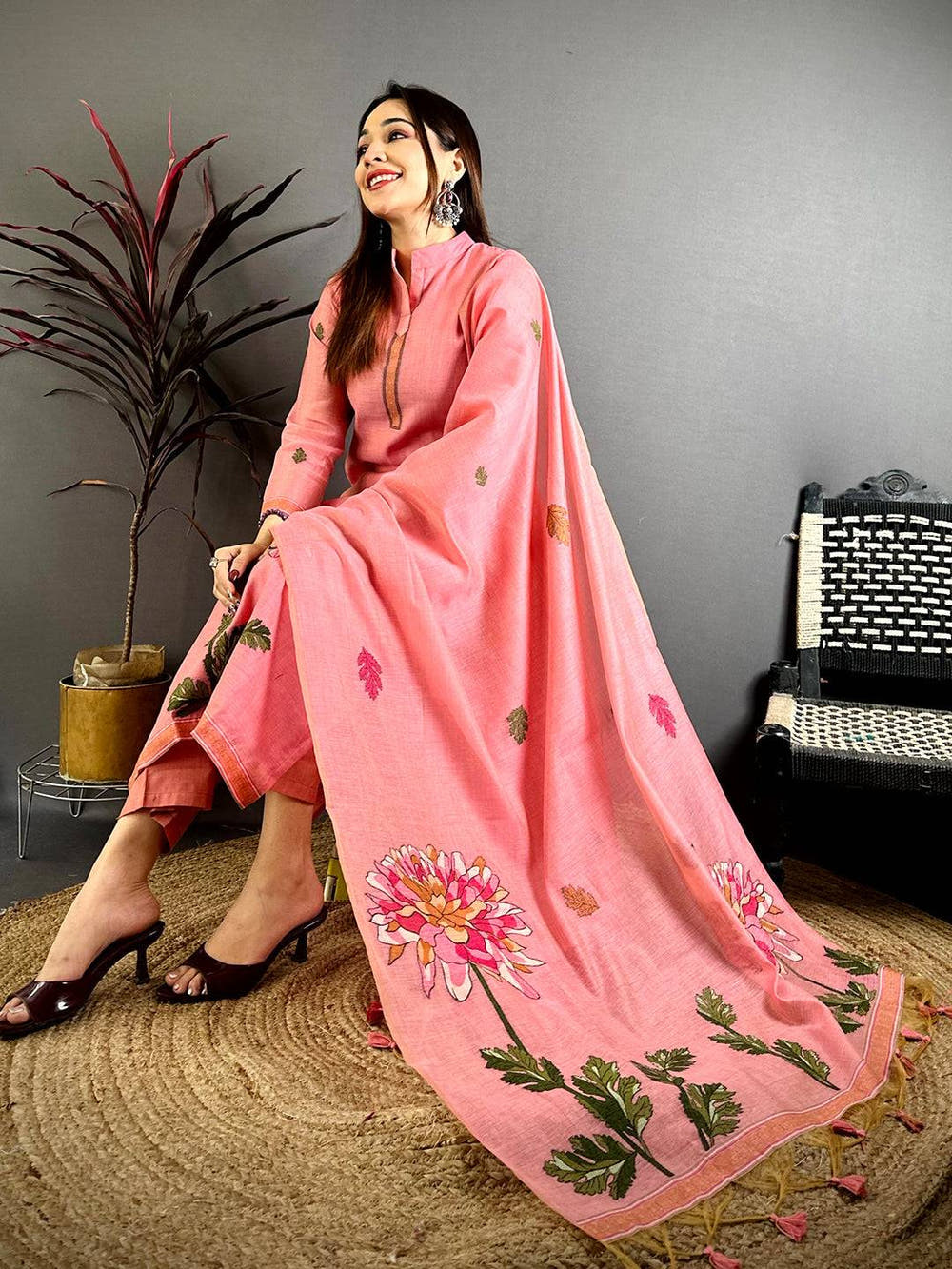 Salmon Pink Floral Cotton Dress