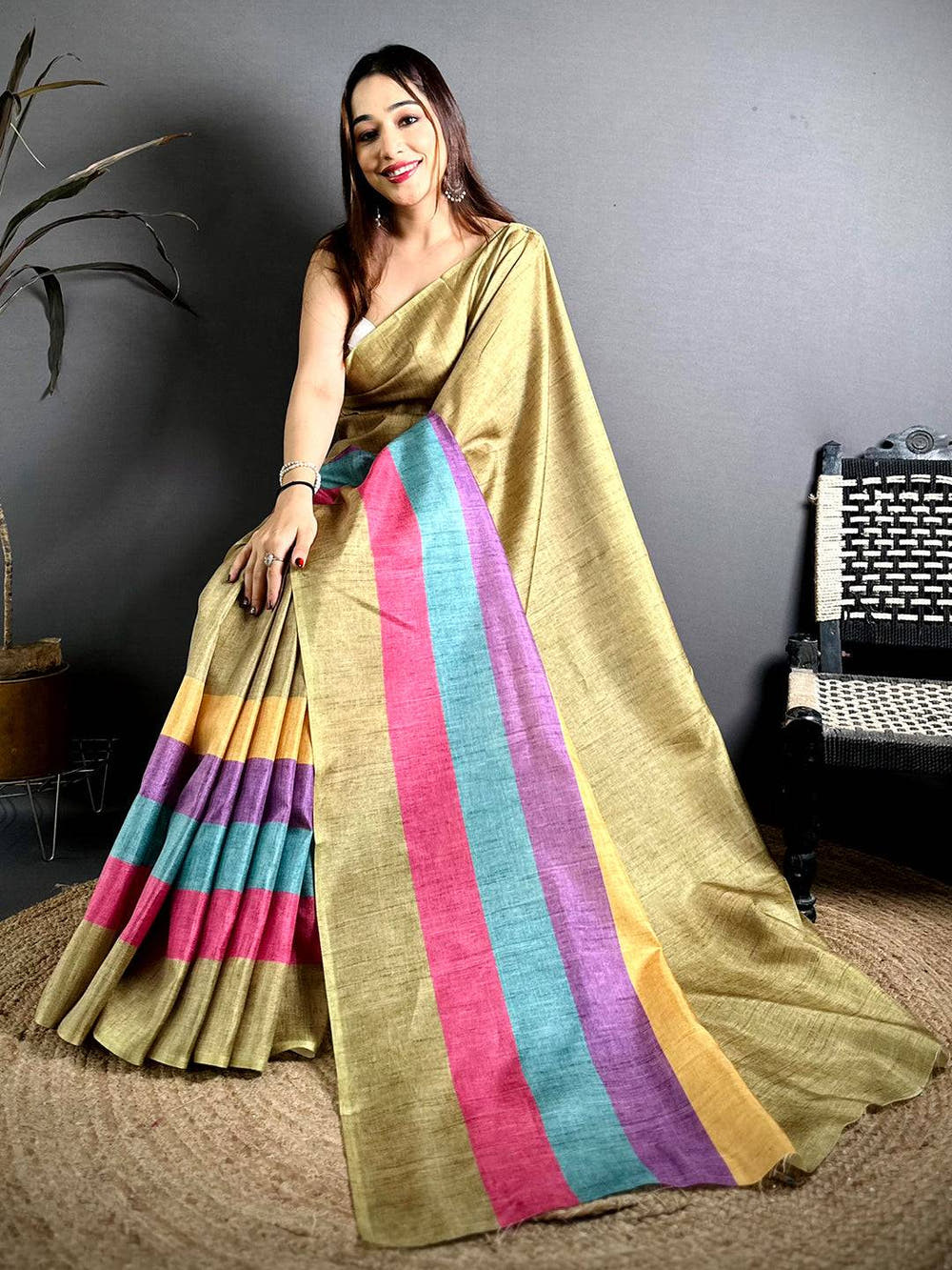 Classic Ghicha Stripe Digital Tussar Saree