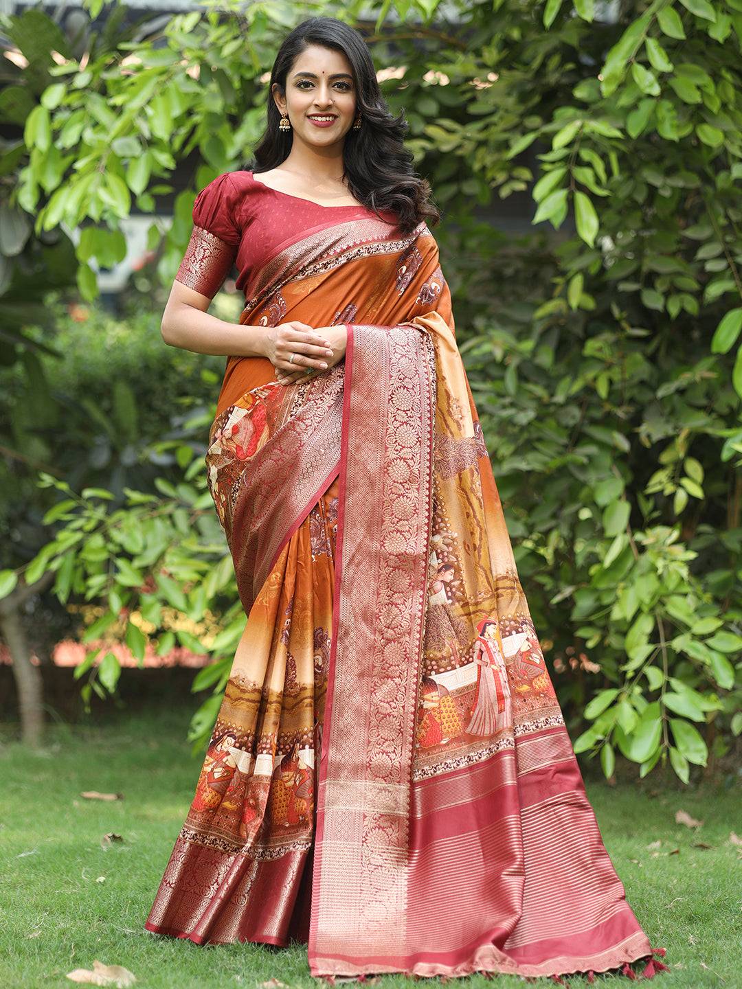 Orange Hand Kalamkari Printed Pure Viscose Dola Silk Saree - Luxe