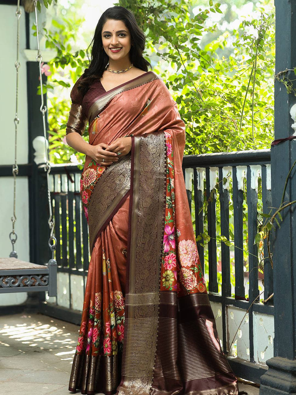 Brown Colour Pure Viscose Dola Silk Saree with Floral Print - Luxe