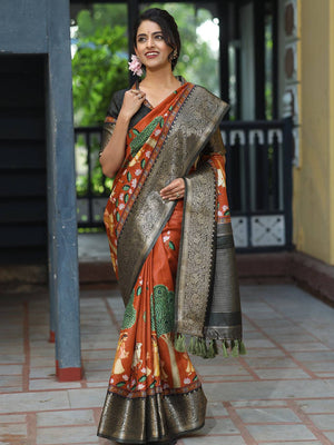 Pichwai Print Zari Weaving Pallu Saree In Brown Colour - Luxe
