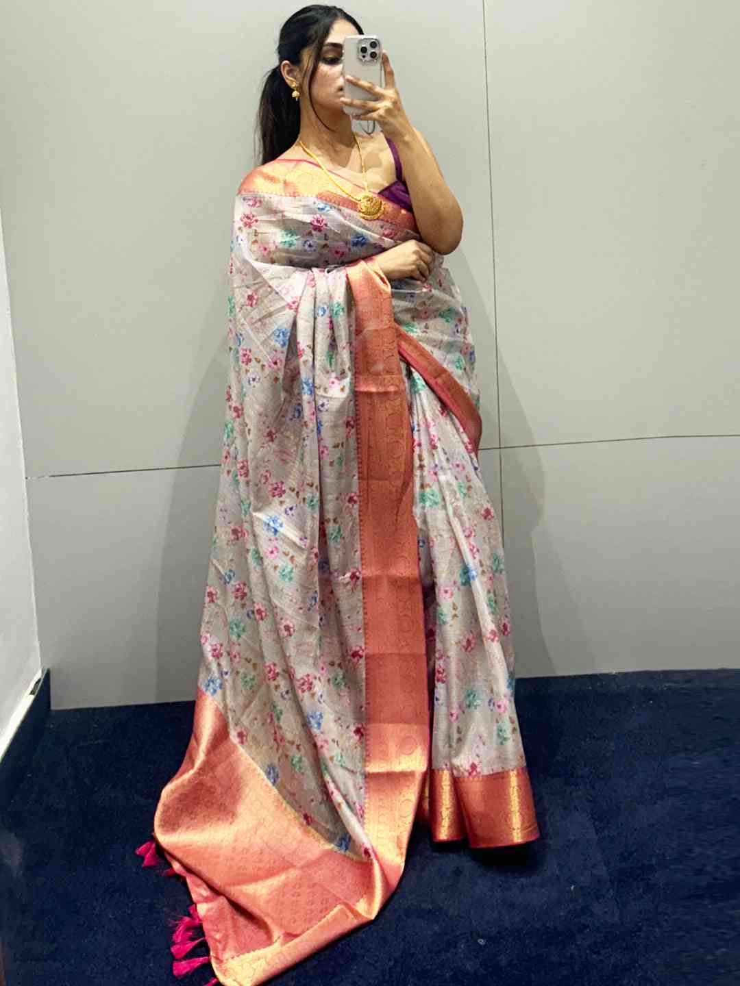 Light Pink Colour Digital Flower Print Kota Silk Saree