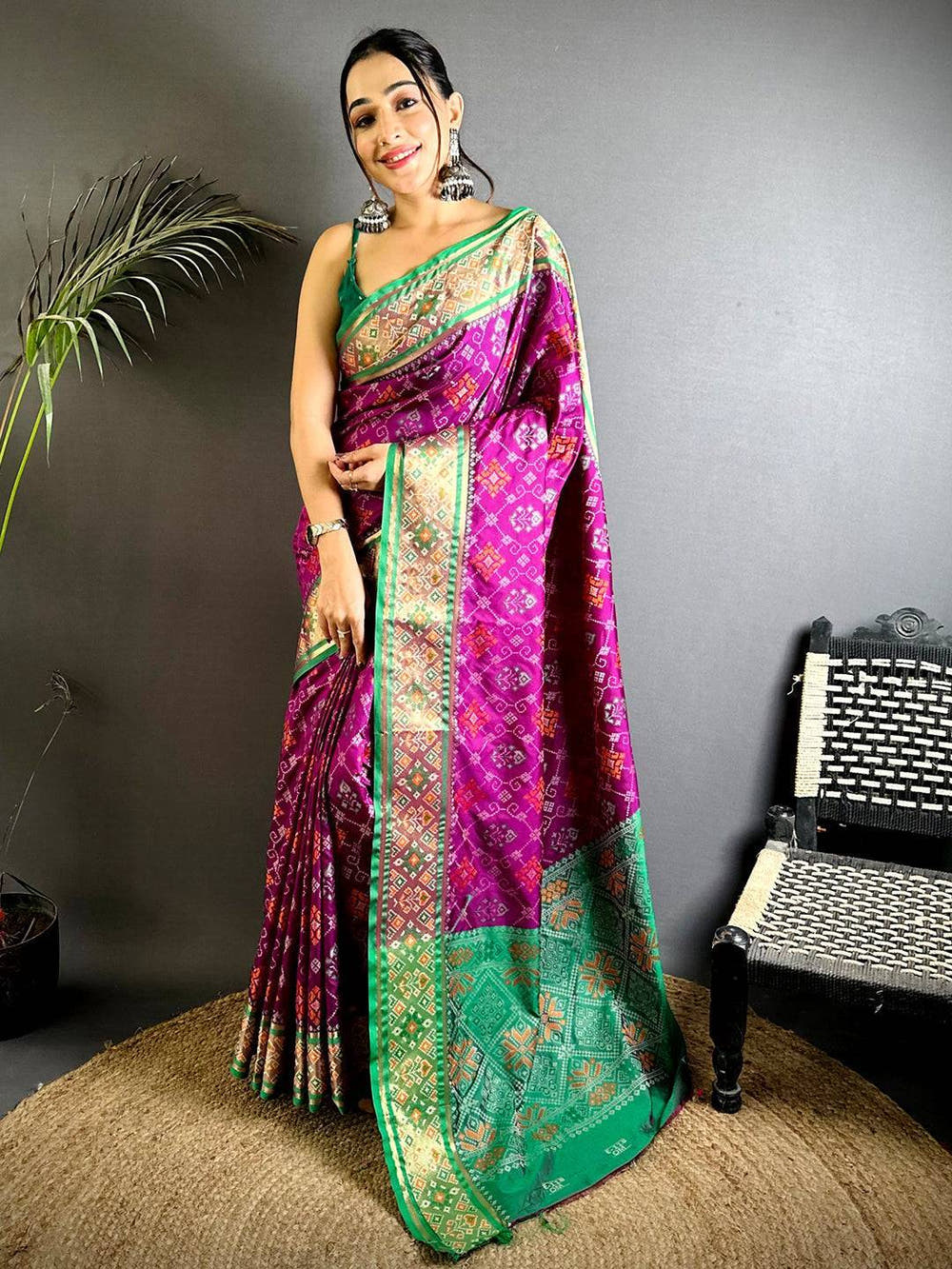 Wine Pochampally Patola Soft Silk Saree