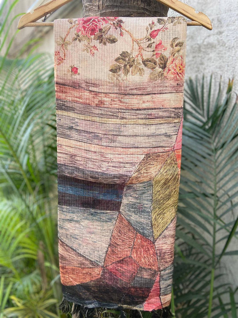 Light Peach Colour Soft Kota Doriya Silk Saree With Flower & abstect Prints