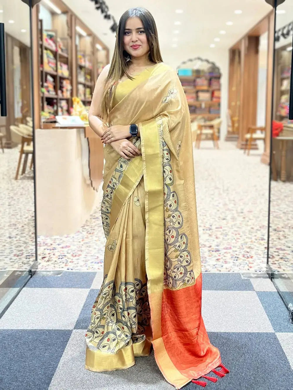 Incredible Pen Kalamkari Linen Tissue Soft Saree
