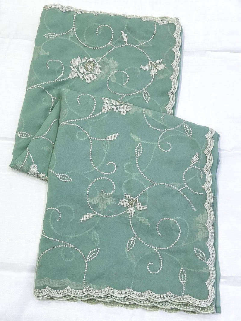 Pista Georgette Sequin Embroidery Saree