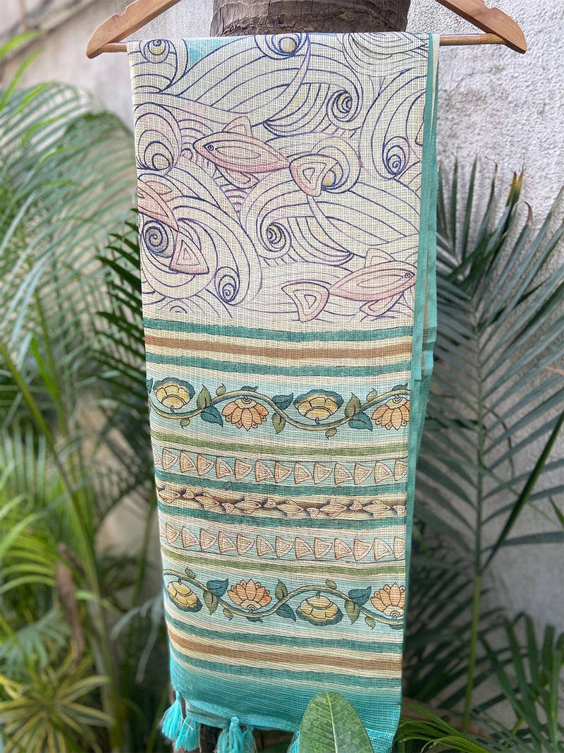 Turquoise Soft Kota Doriya Silk Saree With Flower Kalamkari Print
