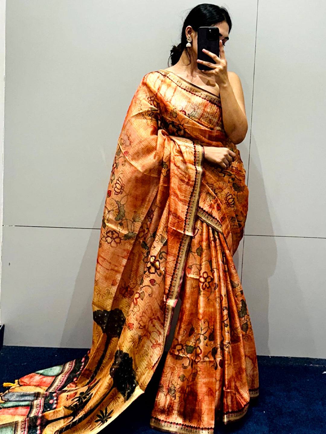 Orange Kota Doriya Silk Saree With Floral Print
