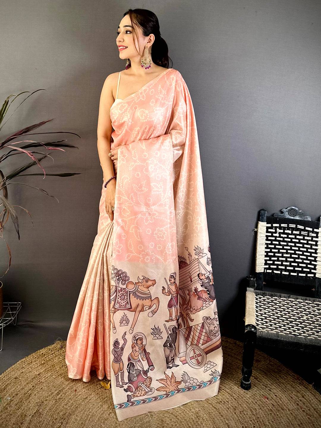 Peach Kalamkari Bandhej Tussar Saree