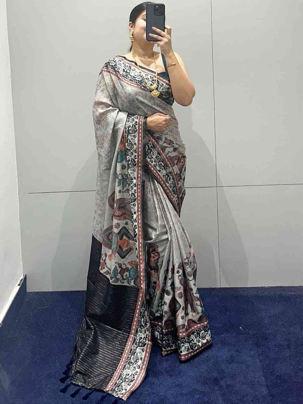 Grey Colour Satin Kota Doria Digital Kalamkari Zari Pallu