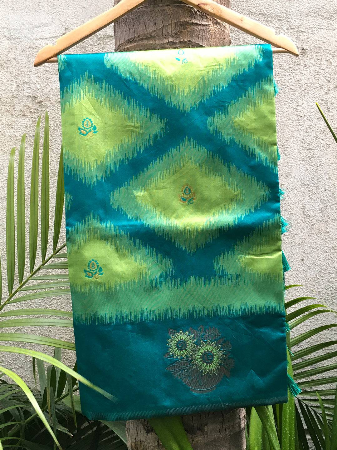 Parrot Green Tussar Silk Ikkat Weaving Saree