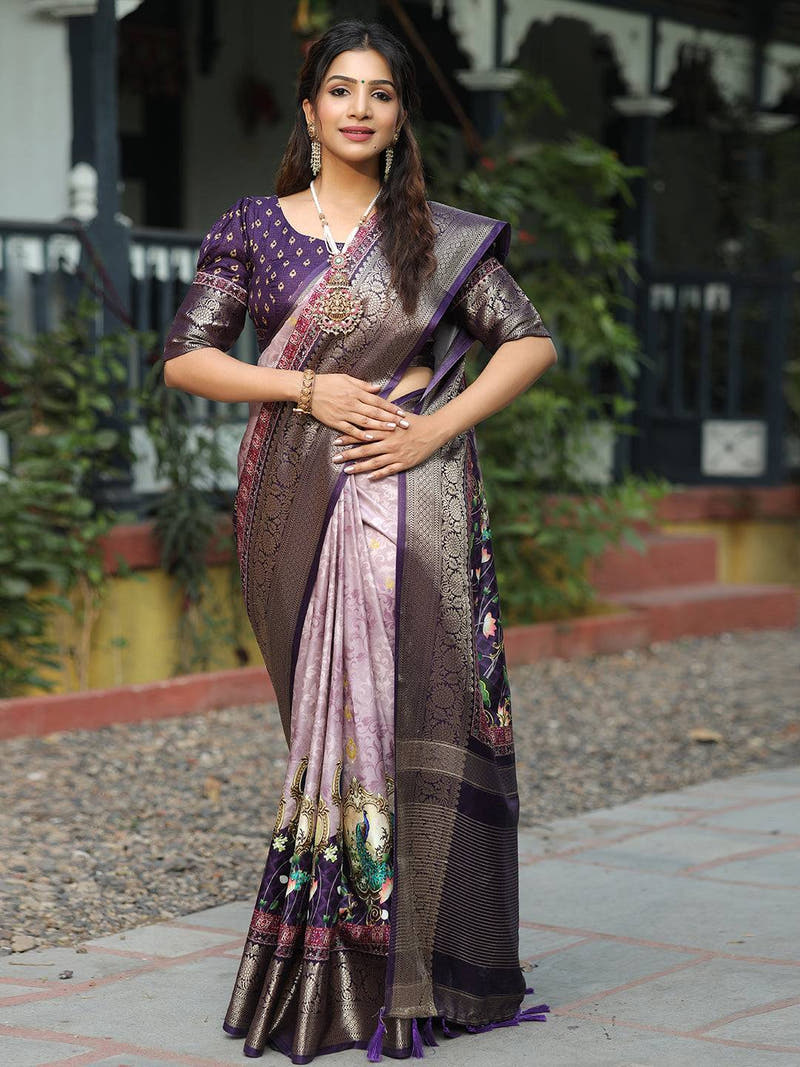 Pure Viscose Dola Silk Saree With Zari Weaving Pallu In Light Purple Colour - Luxe