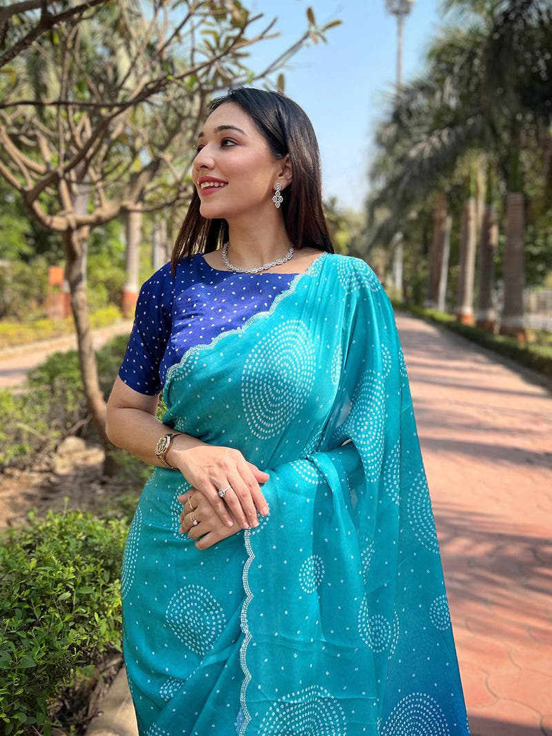 Turquoise Ombre Bandhej Georgette Silk Saree