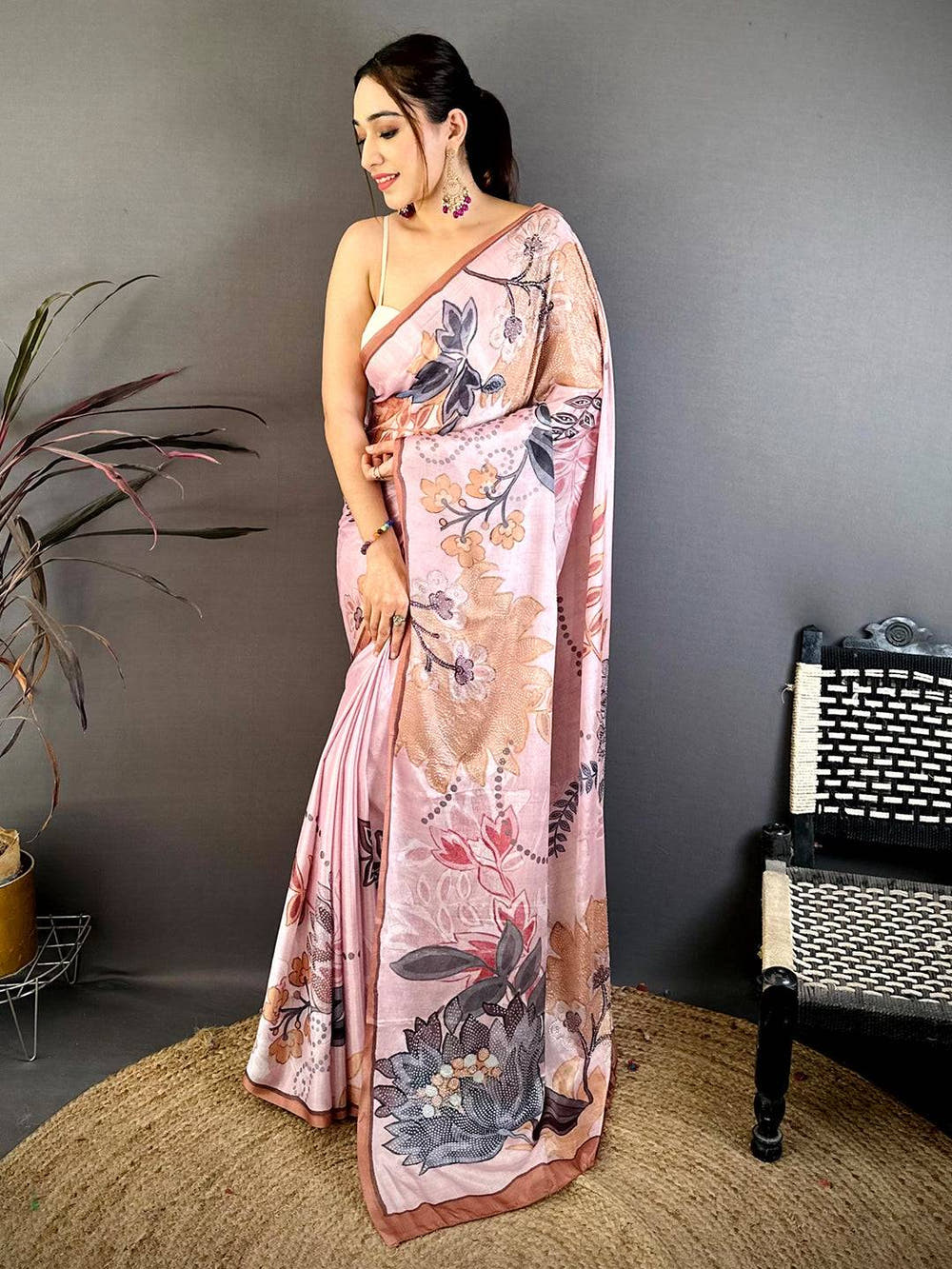 Light Pink Stone Work Floral Chinnon Saree