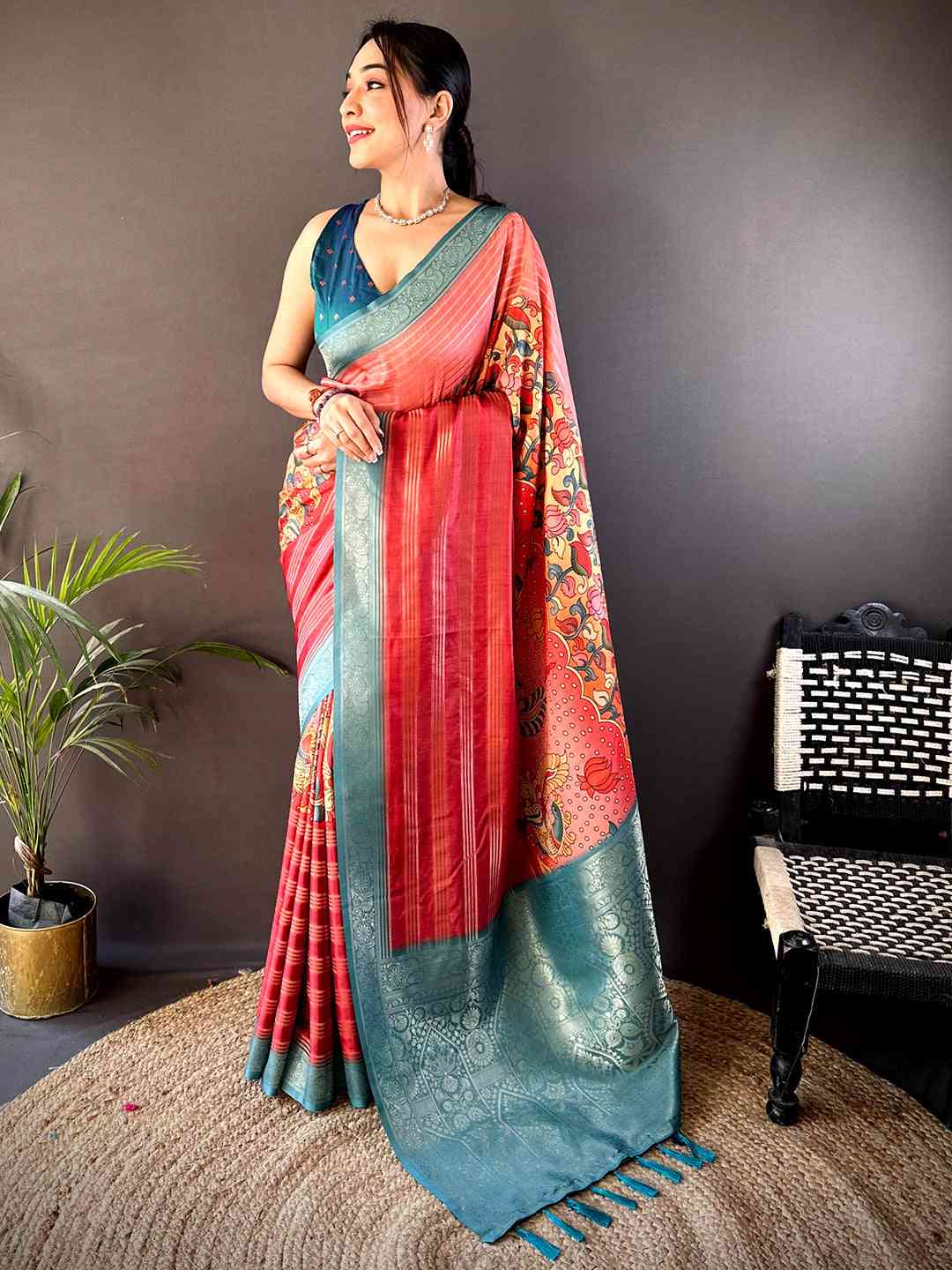Coral Soft Crepe Silk Ombre Print Saree