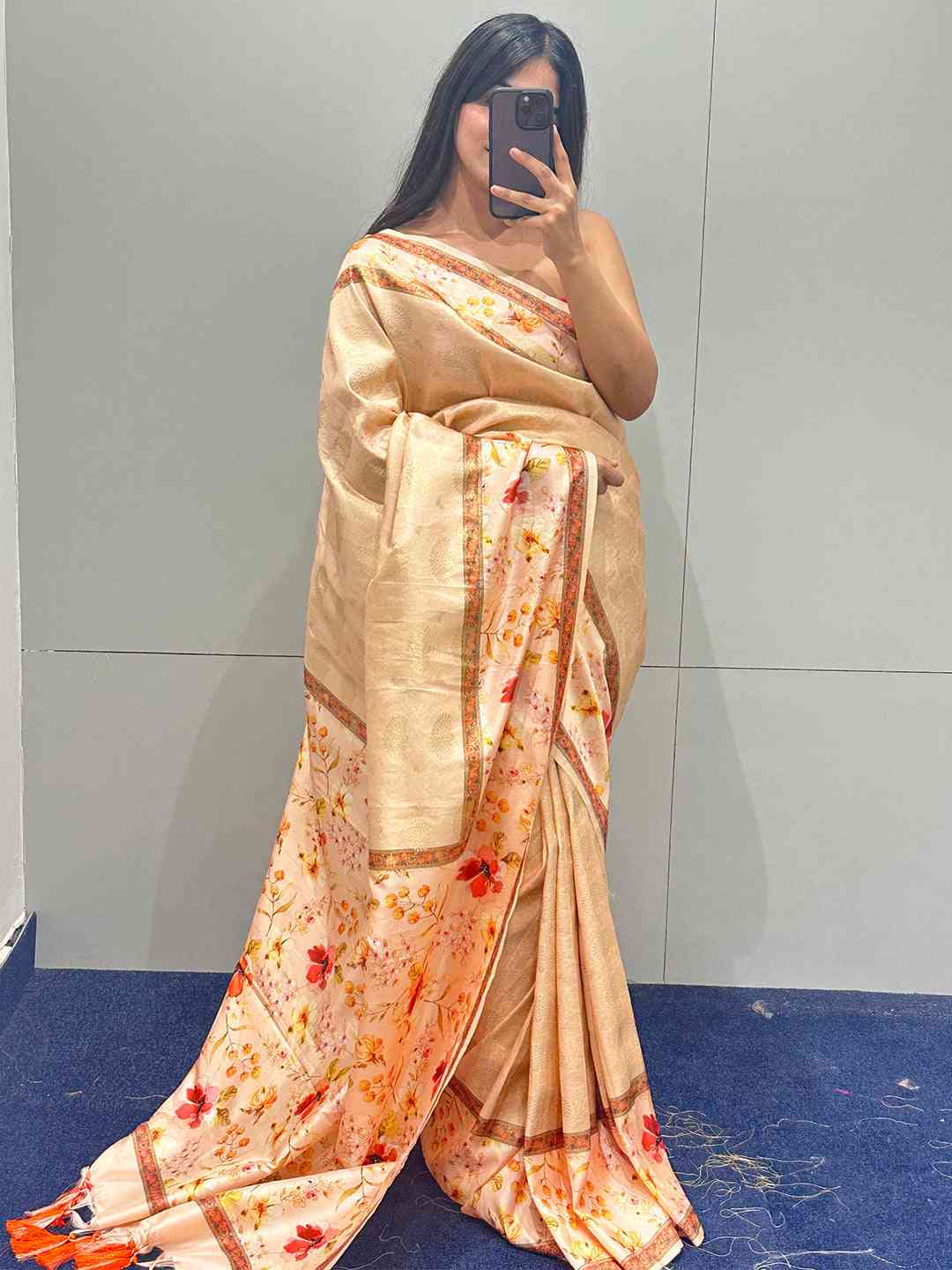 Peach Banarasi Kanjivaram Floral Print Saree