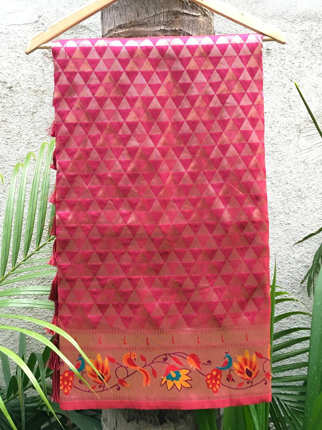 Maroon Silk Blend Woven Zari Work Paithani Saree